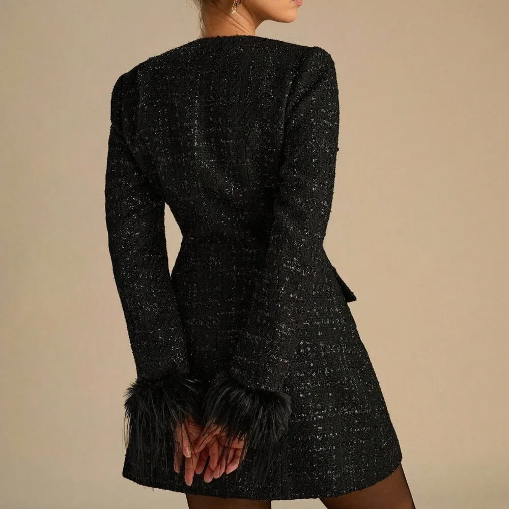 Black Elegant Women's Romantic Floral Tweed Dress with Metallic Buttons